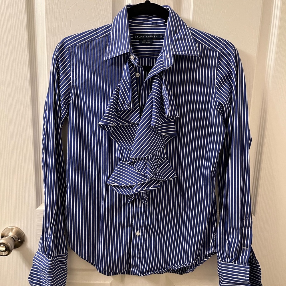Ralph Lauren Royal Blue and White Stripe Ruffle Button Down